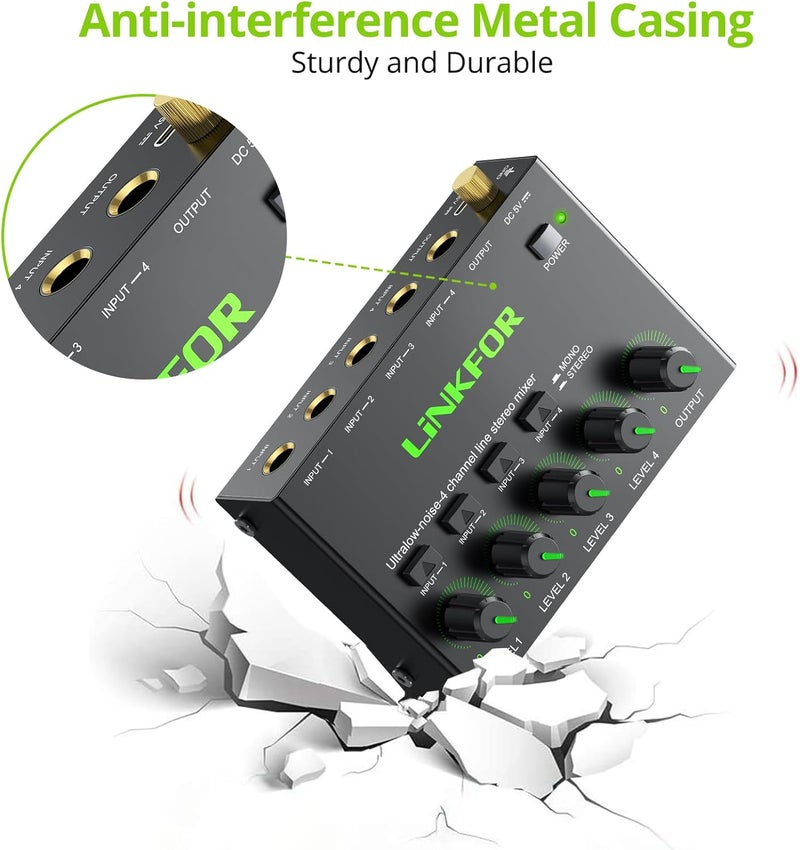 LiNKFOR 4 Channel Stereo Audio Mixer CX400 Metal Shell Support RCA Input and Output Mini Passive Stereo Mixer with Separate Volume Controls (6.35mm 4 Channel With RGB light) - Image 5
